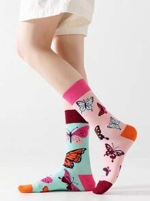 1 Pair Women's Colorful Cartoon Butterfly Pattern Comfortable Breathable Casual Retro Mid-Calf Socks - Multicolor - View 1