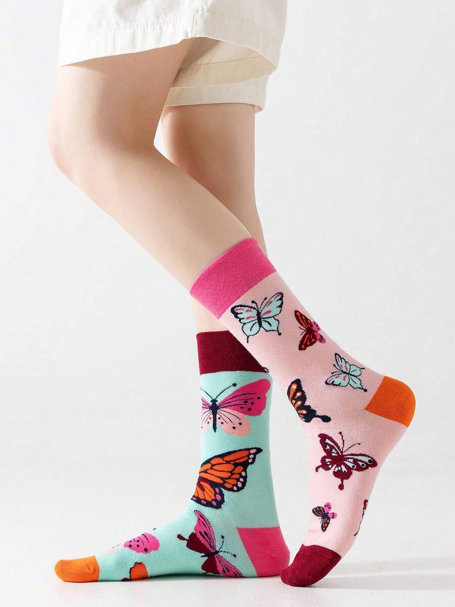 1 Pair Women's Colorful Cartoon Butterfly Pattern Comfortable Breathable Casual Retro Mid-Calf Socks - Multicolor - View 1
