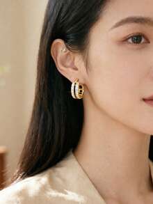 1 paire de boucles d'oreilles à clous rondes géométriques élégantes et luxueuses en cuivre incrusté de zirconium, légères, boucles d'oreilles mode pour femmes, cadeau pour rendez-vous - rond - Voir 3
