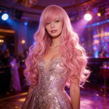 A Soft Pink Slanted Bangs, Big Waves, Long Curly Hair Wig, Fluffy And Voluminous, Suitable For Sweet Dressing, Garden Travel, And Can Be Used For Dream Themed Parties, Makeup Parties, And Soft And Cute Cosplay And Role-Playing Styling - Pink - View 3