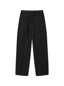 Old Money Style Men's Black Pleated Wide Leg Pants, Elastic Waist Casual Straight Leg Trousers, Suitable For Office And Daily Wear - Black - View 3