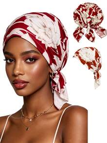 CONFLASS Red Floral Bohemian Style Black & White Floral Pre-Tied Headband - Soft, Comfortable Stretchy Headwrap With Tails, Breathable Hair Care, Suitable For Sleeping, Chemotherapy And Muslim Fashion - Multicolor - View 6