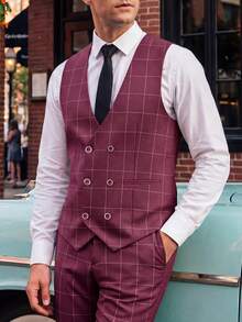 Mens 3 Pieces Suit Set Plaid Slim Fit  Checked Casual Tuxedo Formal Suits For Men Wedding Business Party Blazer Vest Pant - Burgundy - View 2