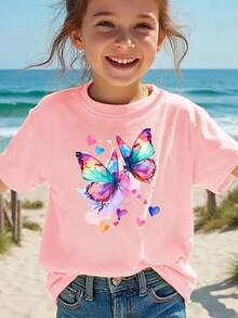 Corazones de Mariposa con Estampado de Patrón Colorido Camiseta estampada para niños - Rosa - Ver 8