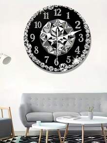 1 Stück 2D flache Holz Wanduhr, schwarzer Hintergrund mit Diamant Dekor, runde Uhr, glänzender Strass Rahmen, geometrisches synthetisches Edelstein Design, geeignet für Wohnzimmer, Schlafzimmer, Büro, Hotellobby, Esszimmer Dekoration - Verschiedenfarbig - Übersicht 3
