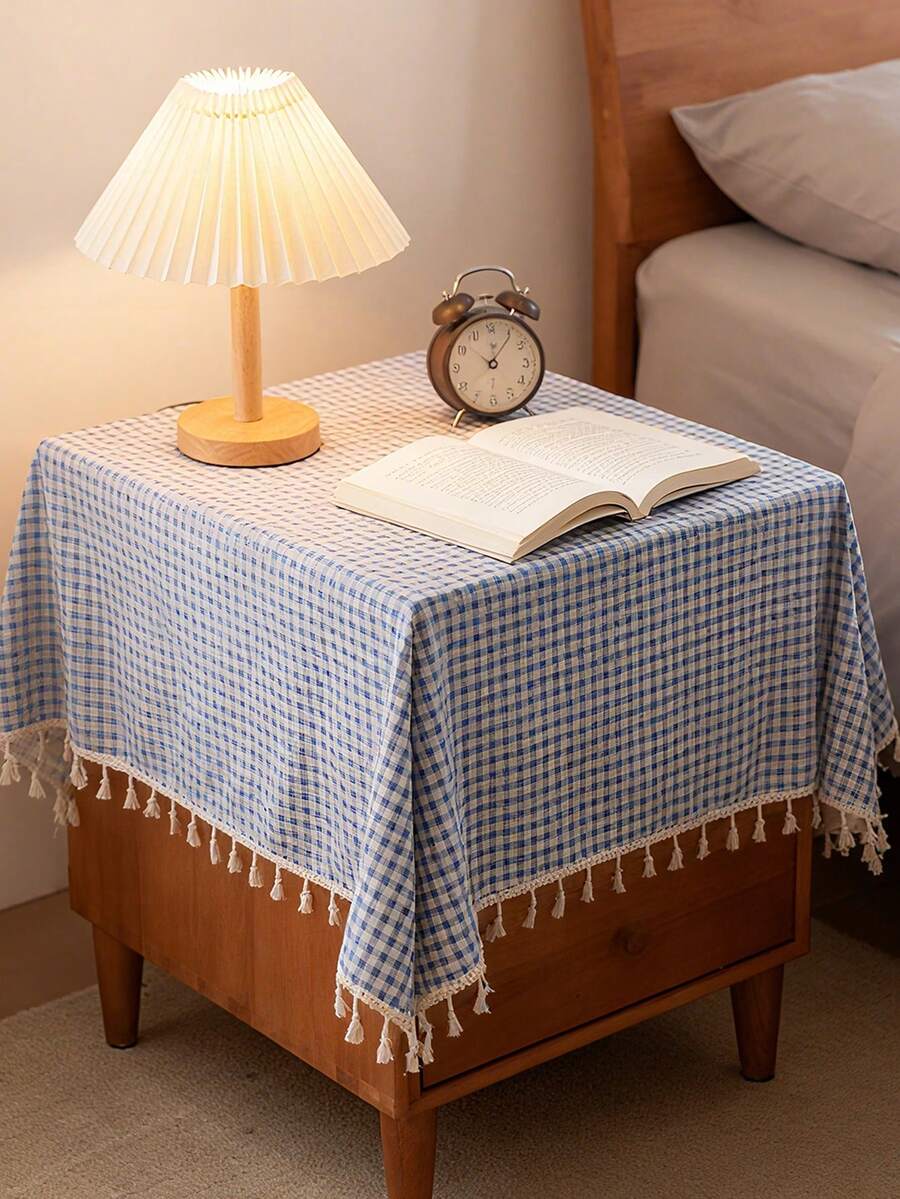 Tokoto Blue Gingham Tablecloth With Tassel Fringe, Farmhouse Cotton Linen Table Cover For Dining Table, Nightstand & Coffee Table Decor, Rustic Boho Plaid Style