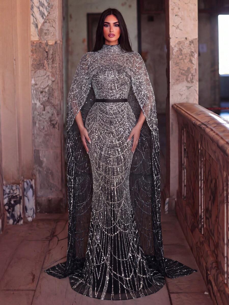 Faeriesty Women's Luxury Evening Gown - Sparkling Sequin Flared Mermaid Hem Dress, Suitable For Weddings And Red Carpet Events - 黑色 - 查看 1