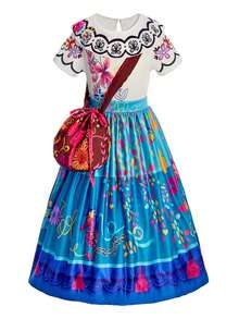 3PCS Girls Dress Set, Children Short Sleeve Princess Dress, Girls Costume Dress Up, Kids Printed Dress Cute Dress, Holiday Celebration Gown (With Bag) - Blue - View 2