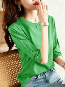 Atasan Kasual Lengan Sedang dengan Desain Kancing, Model Baru Fashion Musim Panas, Kaos Lengan 3/4 Leher Bulat Serbaguna untuk Wanita, Melangsingkan - Cadet Blue - View 3