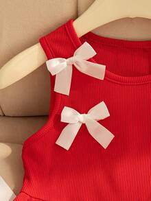 2pcs Girls Casual Outfit: Sleeveless Solid Color Top With 3D Bow Design And Elastic Waist Bowknot Straight Leg Pants - Red - View 3