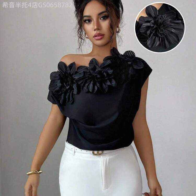 Fengyu Women's Clothing Store  Blusa de moda con hombros fruncidos y decoración floral 3D de unicolor para mujer - Burdeos - Añade 2