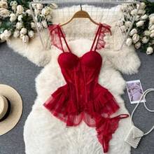 Vestido de Mujer Estilo Chic y Elegante, Moda Otoñal, Retro, Cuello Cuadrado, Manga Abullonada, Falda de Gasa, Cintura Alta, ... - Rojo - Ver 3