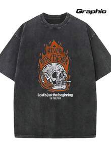 Camiseta de cuello redondo lavada con estampado de calavera y llamas negras, camiseta gráfica en excelente estado. - Negro - Ver 8