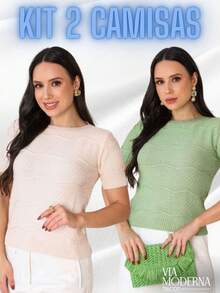 Kit 2 Blusa Camiseta T-shirt Feminina Manga Curta Detalhada Tricô Elegante Moda Verão Tricot - Verde Bebê/Areia - Visão 2