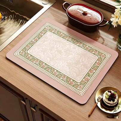 Vintage Pink Floral Border Kitchen Drying Mat, Elegant William Morris Style Absorbent Countertop Mat, Non‑Slip Quick‑Dry Waterproof Dish Draining Pad, Heat‑Resistant Decor Table Mat For Coffee Bar, Dining Table & Kitchen Counter, Easy‑Clean Household Decor Accessory