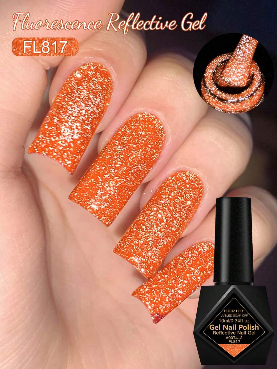 FOUR LILY 1pc Orange Color Fluorescent Reflective Glitter Gel Nail Polish , 10ml Neon Color Sparkle Glitter Dark Flashy Laser Gel Polish For Summer Nails, Semi Permanent Soak Off UV Gel Varnish Manicure Nail Supplies Nail Art DIY For Home And Salon - 橘色 - 查看 1