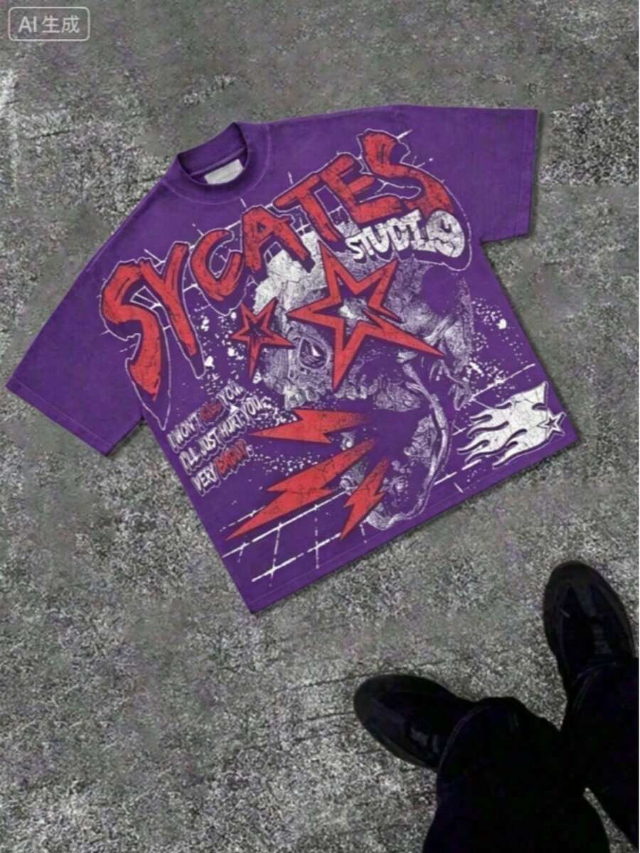 Break The SystemMen's Washed Vintage Crewneck T-Shirt, 100% Cotton 180GSM, Godspeed Highway Car Print, Retro Faded Style, American Streetwear, - 紫色 - 查看 1