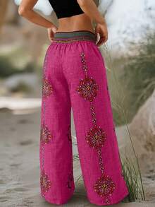 Plus Size - Plus Size - New Spring/Autumn Design Niche High Waist Retro Loose Casual Pants With Random Print Wide Leg - Red Rose - View 3