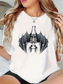 Camiseta gráfica con un murciélago esqueleto gótico - Camiseta de manga corta moderna para primavera y verano - [Blanco] - Ver 2
