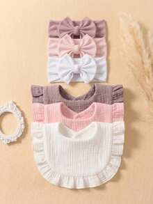 Set de 6 piezas de diademas para bebé de unicolor de verano con moño grande, baberos y paños de eructo suaves y amigables con la piel con volantes lindos, set de accesorios de colores múltiples para recién nacidos - Multicolor - Ver 3