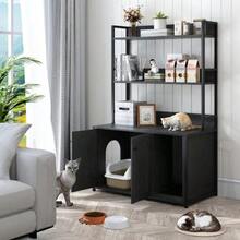 Large Cat Litter Box With Storage Shelf, Concealed Cat Toilet Unit, Wooden Cat House With Scratching Post, Sturdy 2-Door Pet Furniture For Odor Control, Black - one-size - View 2