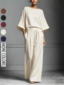 Women's Elegant Bell Sleeve Linen Set, Summer 2026, Casual And Elegant Style, European And American Style, Comfortable And Chic - 奶油 - 查看 11