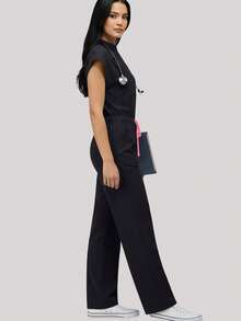 Women's Scrub Set With Pockets, Zipper, Stand Collar, Drawstring Design, Surgical Scrub Set For Clinic Black Fall - Black - View 5