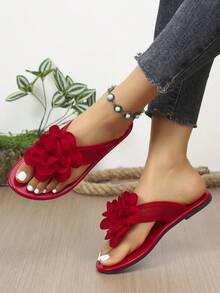 Solid Color Fashion Fabric Floral Thong Sandals Beach Vacation - Red - View 9