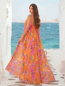 Faeriesty Đầm cổ cao họa tiết hoa thanh lịch - Chất liệu chiffon rực rỡ, kiểu dáng chữ A thướt tha, phù hợp cho các bữa tiệc, đám cưới ngoài trời và các lễ kỷ niệm theo phong cách boho. - trái cam - Xem 2