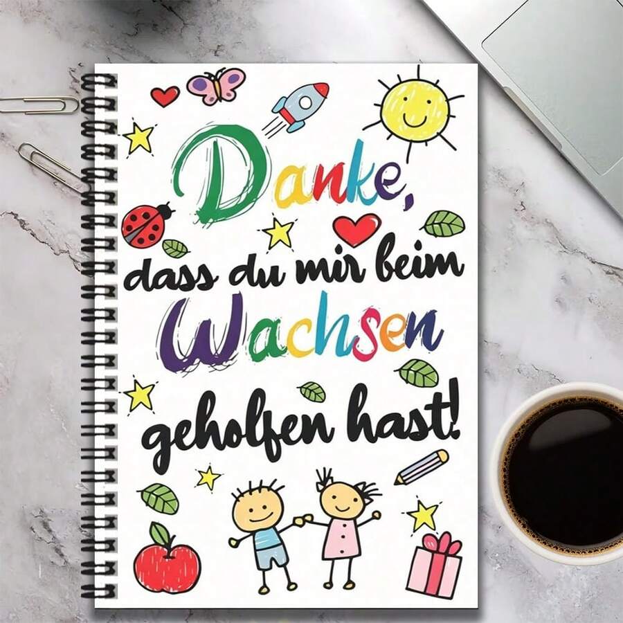 Un quaderno a spirale con tema di gratitudine tedesca, disegnato a mano in stile cartoni animati, adatto per lavoro, studio, pianificazione quotidiana e scrittura di diari, ottima scelta regalo per laurea e compleanno, aspetto elegante con pagine interne pratiche, adatto per appunti o regali! - A - Visualizzare 1