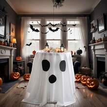 Mantel de fiesta de Halloween con patrón de cara de calabaza y murciélago de Halloween - Ver 5