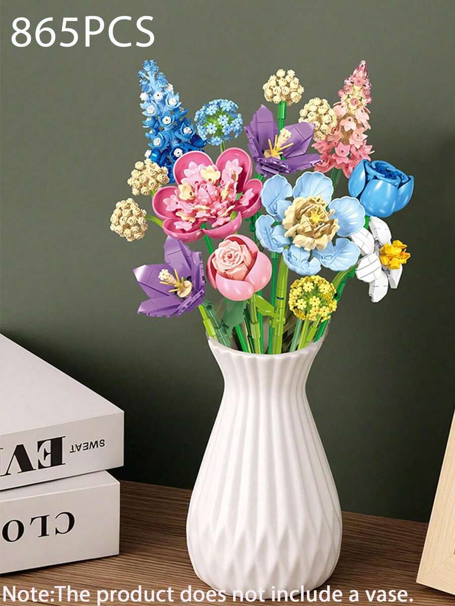 865片彩色花束積木，人造花卉模型套件，浪漫家居裝飾積木玩具，適合青少年與成人的創意組裝禮物，情人節與生日完美之選