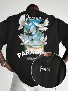 Camiseta Casual de Manga Corta para Hombre - Estampado Gráfico con Temática de Paloma y Paraíso, Estampado de Doble Cara de Paloma Blanca Fresca de Estilo Costero, Camiseta de Marca Moderna y Estética, Top Versátil, Lavable a Máquina, Ajuste Cómodo, Material Transpirable, Camiseta Casual  2026, Camiseta Gráfica, Camiseta Unisex - Negro - Ver 7
