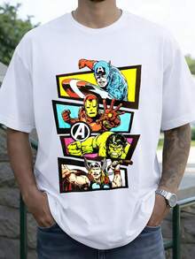 100% Cotton MARVEL Avengers Team Graphic T-Shirt For Men, Summer Streetwear Tee, Ideal Gift - trắng - Xem 1