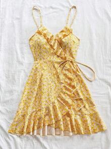 Vestido mini con estampado floral, volantes en el ruedo y sin mangas - Apropiado para la playa, el campo, festivales de música, atuendo de verano, uso casual y té de la tarde - Amarillo - Ver 6