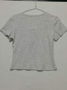 Solid Color Regular Shoulder Short Sleeve Women's Versatile Round Neck Slim Fit Flattering Elastic White Semi-Sheer T-Shirt Top Summer Casual - Light Grey - View 2