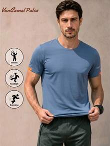 Vancamel Pulse Men's Short Sleeve Mesh Breathable Lightweight Solid Color Sports T-Shirt, Outdoor Sports Commute Light Business Short Sleeve, Daily Home Casual Short Sleeve - Blue - View 1