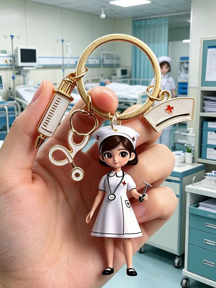 護士主題鑰匙圈,附聽診器與護士帽 - 適合護士、工作人員、背包、汽車或錢包配件,護士配件,醫療主題鋅合金鑰匙圈,附心形吊墜、注射器、聽診器與解剖心臟 - 適合護士與醫療專業人員的完美感謝禮物,手工製工作人員配件,護士感謝禮物 - 彩色 - 查看 1