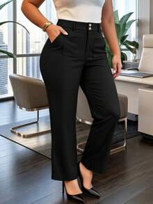 HOMEYEE Plus Size Elegant Black Wide Leg Suit Pants, With Pockets, Fashion Casual Knit Pants Fall - Black - View 2