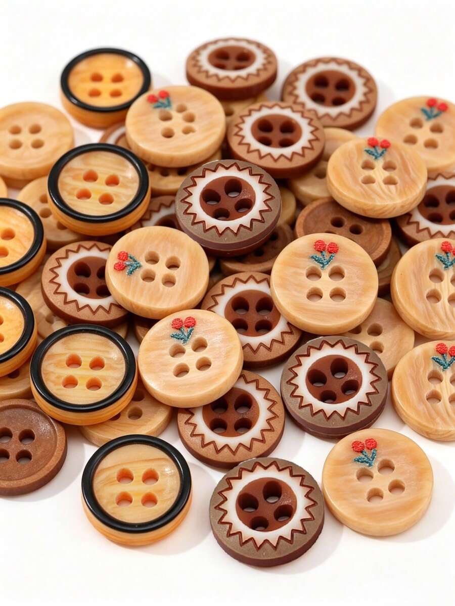100pcs Wood Grain Texture Resin Buttons, 4-Hole Round Design, 0.453 Inch, Minimalist Versatile For Shirts, Dresses, Jackets, Coats, Clothing DIY Sewing Accessories (Mixed Set) - Wood Grain - View 1