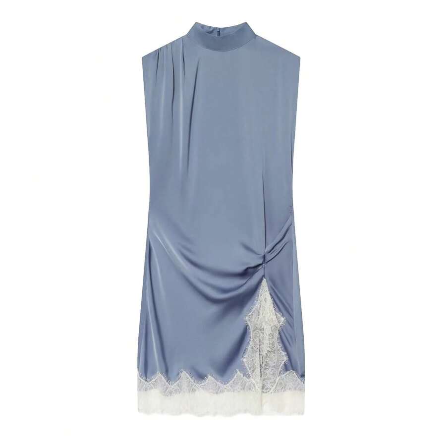 Minivestido de satén de seda con retazos de encaje para mujer High-Street Chic - Nueva colección Otoño/Invierno 2025 - azul cielo - Ver 1