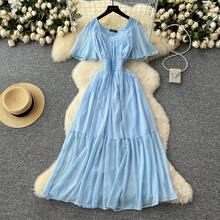 Vestido de Chifón con Lentejuelas y Cuello Cuadrado Retro, Manga Corta, Cintura Ajustada, Estilo Coreano, Falda Larga Drapead... - azul claro - Ver 4
