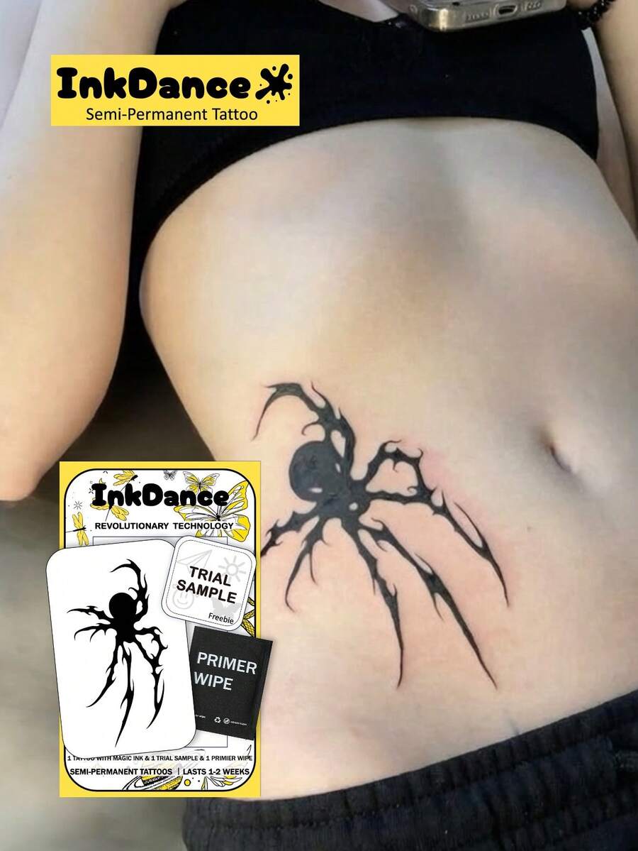 1 Kit "Spider" Technology Tattoos, Semi-Permanent Tattoos, Temporary Tattoos, Long Lasting, Fake Tattoos, Water-Resistant, Scorpion, Authentic Tattoo Look, Plant-Based D271 - Black - View 1