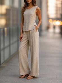 Women's Linen 2 Pieces Set, Casual Solid Color Round Neck Vest And Wide Leg Pants, Summer Elegant - Khaki - View 4