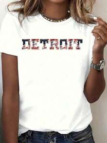 mujer Camiseta de manga corta para mujer, 100% algodón puro, talla grande, con estampado patriótico del Día de la Independencia y diseño de texto de Detroit, estilo casual, ideal para festivales y actividades al aire libre, adecuada para la temporada de regreso a clases, uso casual, para correr, fiestas y otras ocasiones. Estilo holgado, estilo urbano, también adecuada para actividades al aire libre. Adecuada para primavera, verano y otoño. - Blanco - Ver 2
