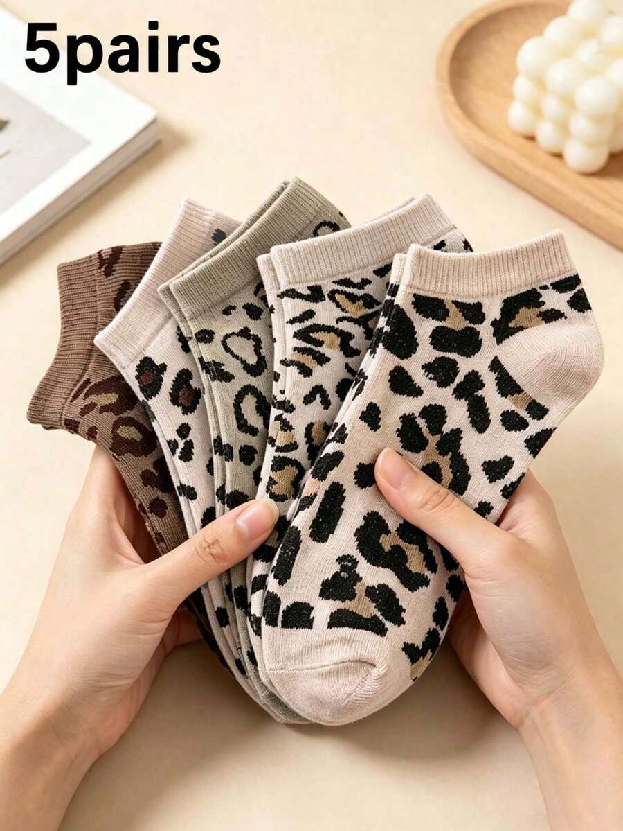 5 Pairs Women Leopard Print Short Socks/Invisible Socks, Casual Cute Breathable Fashion Comfortable, Suitable For Daily Wear, All Seasons - Multicolor - View 1