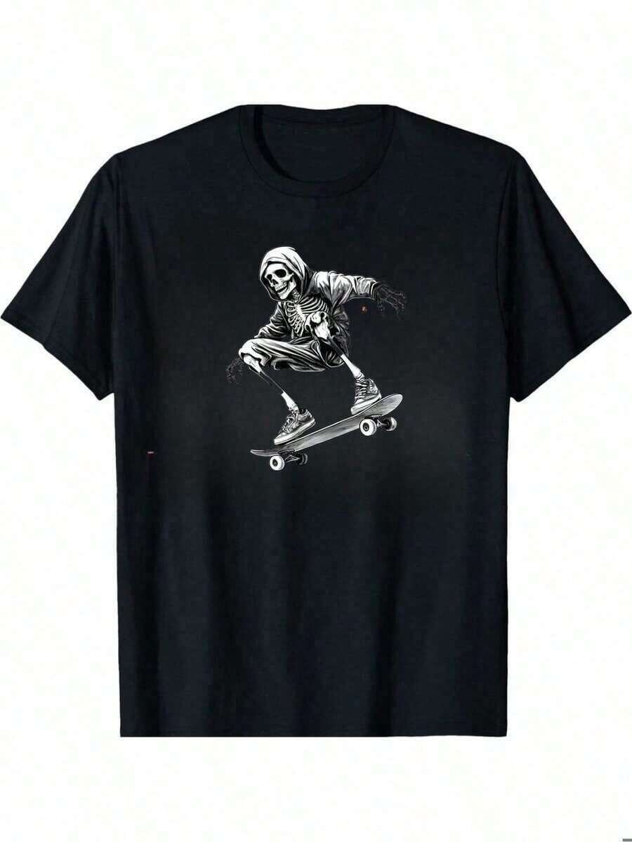 Men's Graphic Tee - Lightweight Crew Neck Tee For Skateboarding, Streetwear, And Everyday Wear - All-Season Essential Tee For Men And Teens - Easy-To-Match Basic, Skate Tee, Urban Fashion, Modern Design, Breathable Fabric, Short Sleeve Tee, Young Adult Summer Outfit, Urban Style, Comfortable Fit, Printed Tee, Teen Clothing - 黑色 - 查看 1