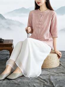 LUCIDVUE 2 pièces/Set Tenue Hanfu modifiée pour femmes Printemps/Été Costume Tang Top en lin Blouse rose Pantalon large en mousseline Jupe Tenue de yoga Élégante - Rose bonbon - Voir 4
