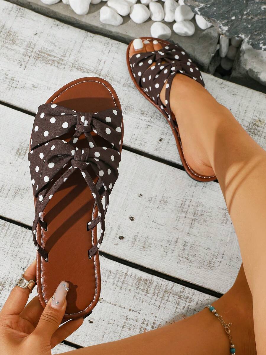 Women's Fashion Flat Sandals, Elegant And Cute Brown Polka Dot Pattern, Double Strap Design, Comfortable And Versatile Beach Vacation Shoes - Brown Polka Dots - View 1