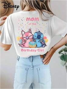 Genuine Licensed Birthday Celebration Stitch And Angel Printed Soft And Skin, Disney Cotton T-Shirt - 白色 - 查看 3